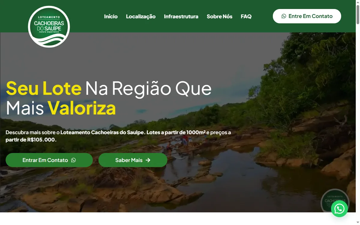 Landing page do Loteamento Cachoeiras do Sauípe, com botão de contato por WhatsApp